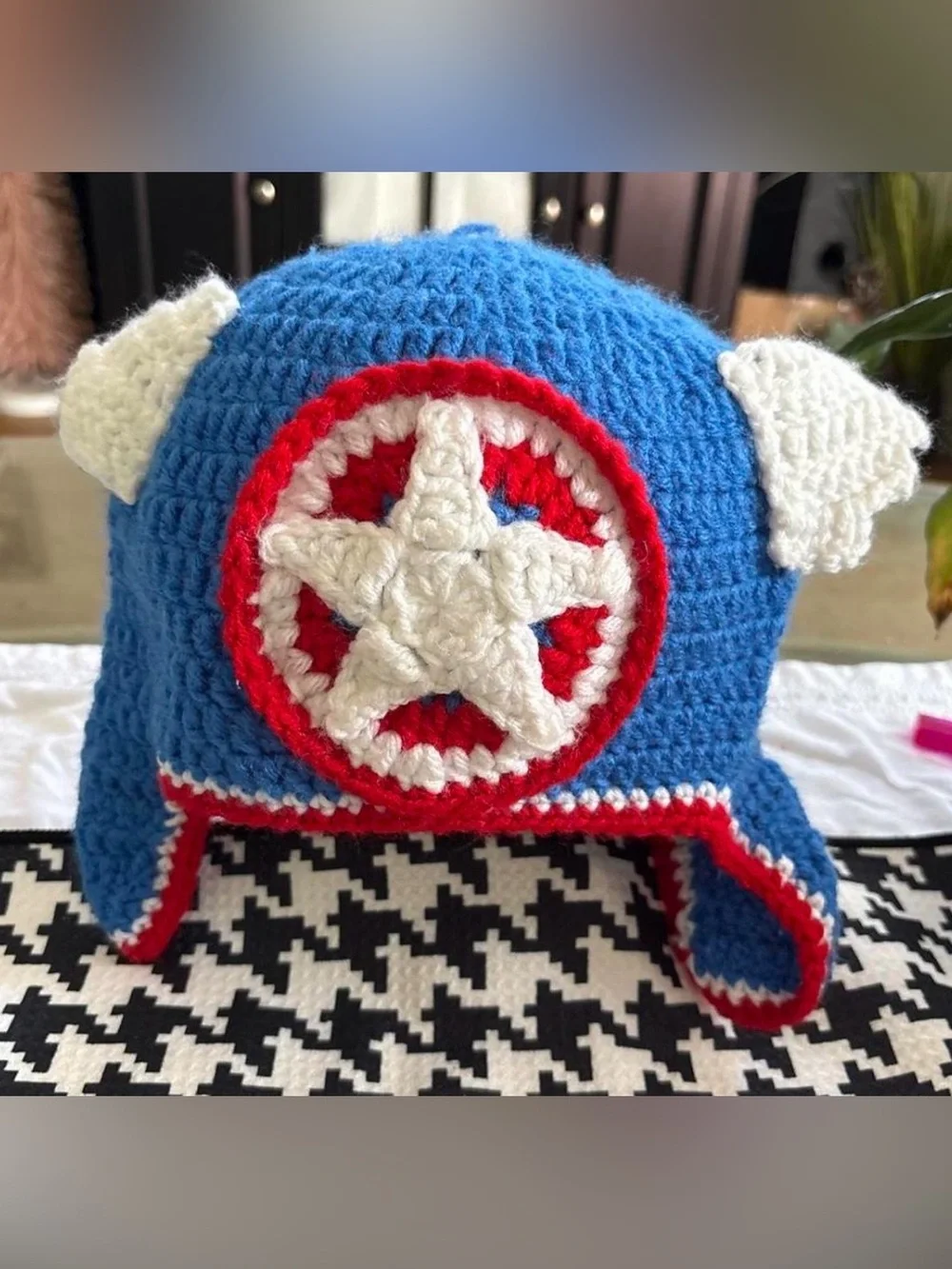 Kids Blue Red White Star Crochet Beanie Hat
